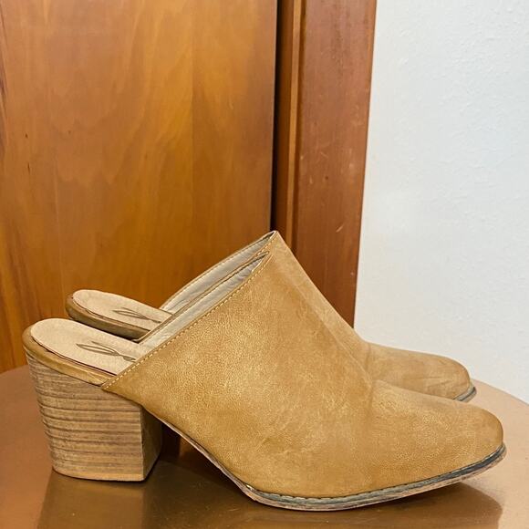 Seven7 Shoes - Seven7 Tan Mules Boots Western Bohemian Slip On Transitional Wood 3” Block Heel